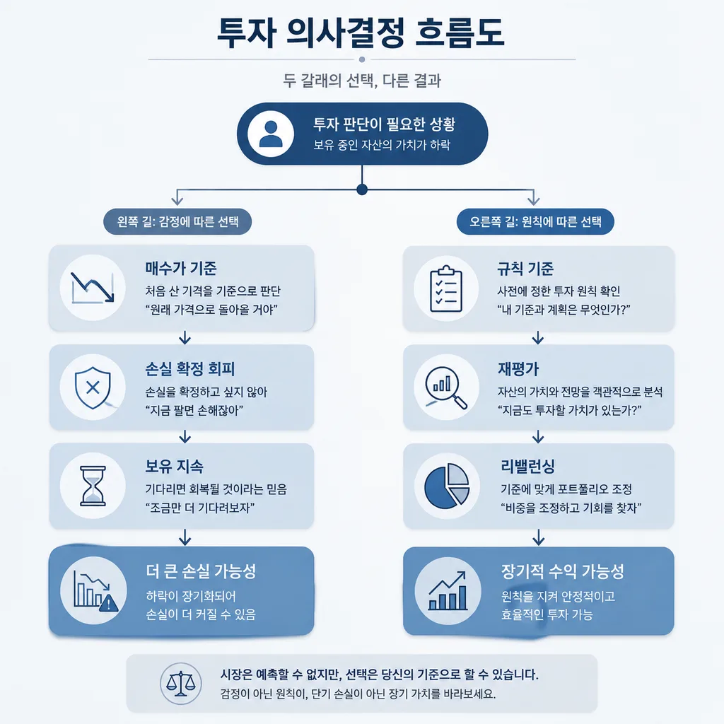 손실 회피 편향이 투자 보유와 매도 결정에 미치는 흐름도